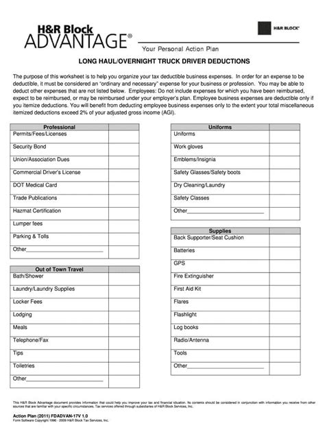 Truck Driver Expenses Worksheet