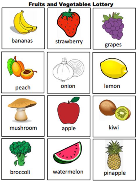 Fruits and vegetables lottery lotería de frutas y verduras en inglés