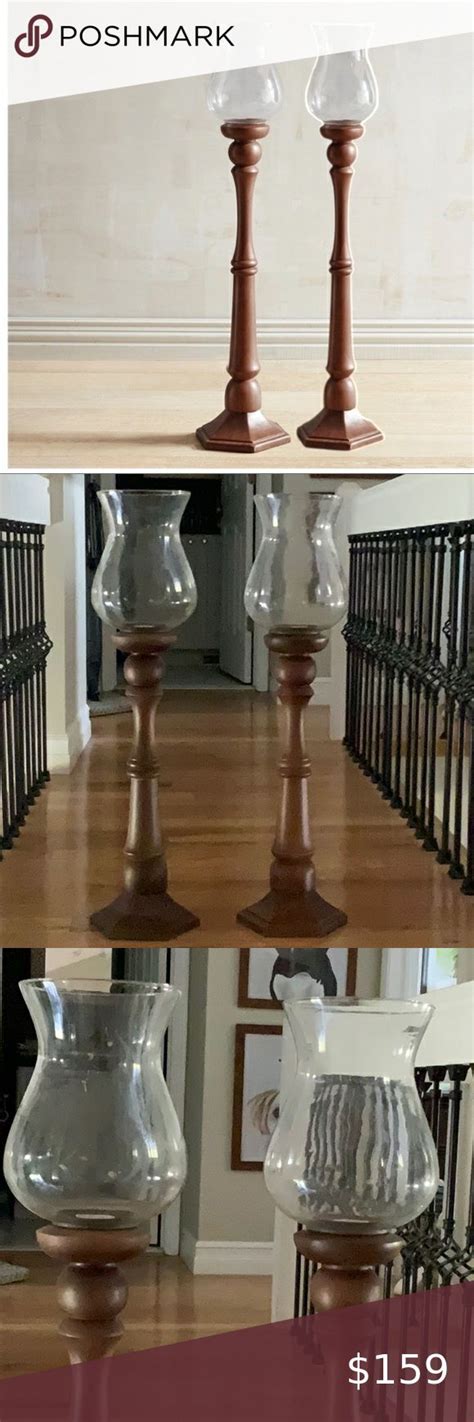 Pier 1 Set Of Mango Wood Floor Hurricane Candle Holders With Glass