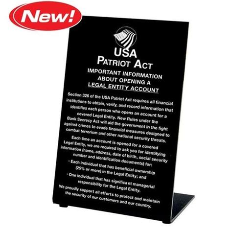 Patriot Act Mandatory Counter Top Sign Us Bba U S Bank Supply