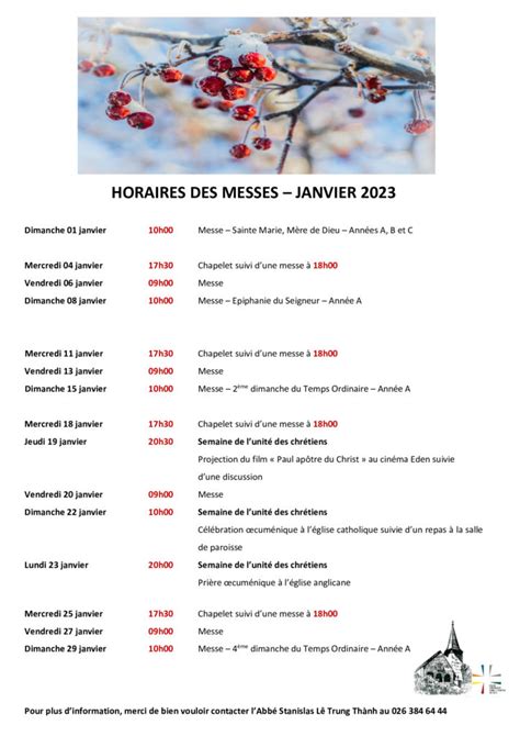 Horaires des messes Janvier 2023 Communauté catholique du Pays d Enhaut