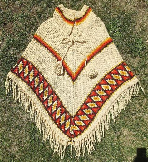 Vintage S Knitted Hippie Poncho With Fringe Etsy Poncho