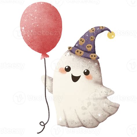 Watercolor Hand Drawn Illustration Cute Ghost Holding A Red Balloon