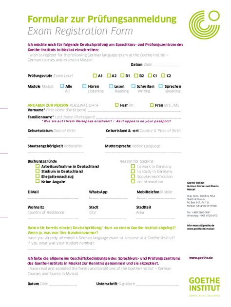 Fillable Online Formular Zur Prfungsanmeldung Exam Registration Form