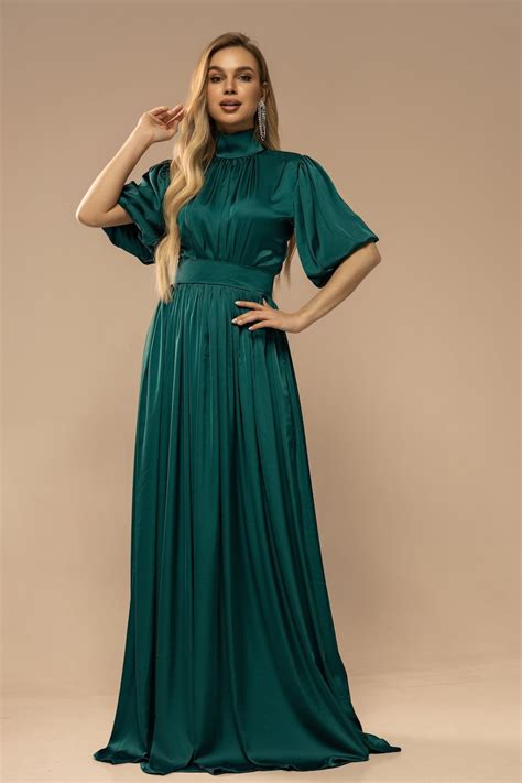 Dark Emerald Green Silk Maxi Dress High Neck Bridesmaid Etsy