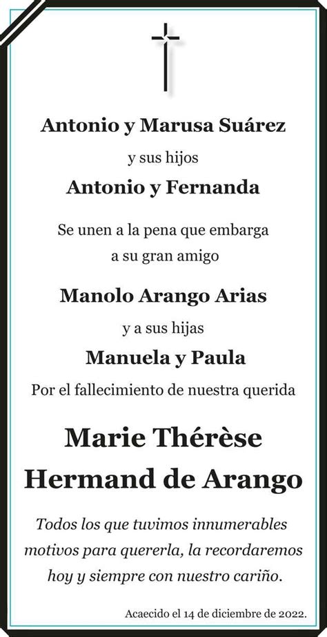 Señora Marie Therese Hermand de Arango Obituario Esquela