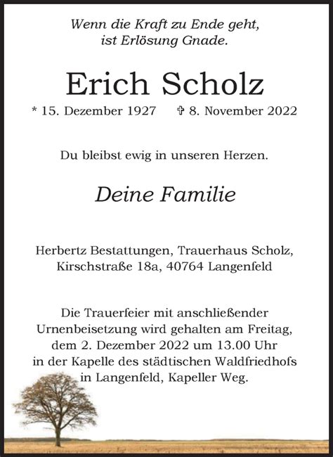 Traueranzeigen Von Erich Scholz Trauer In Nrw De