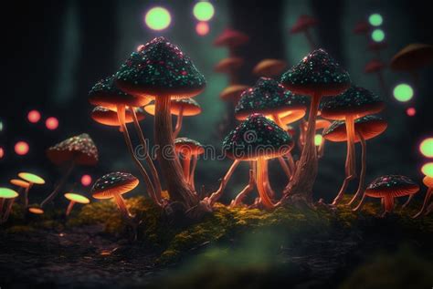 Psychedelic Poisonous Glowing Mushrooms In The Dark Forest Magic