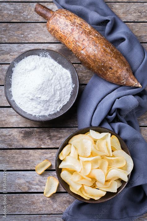 Yucca Yuca Cassava Manioca Mandioca Chips And Flour Stock Photo