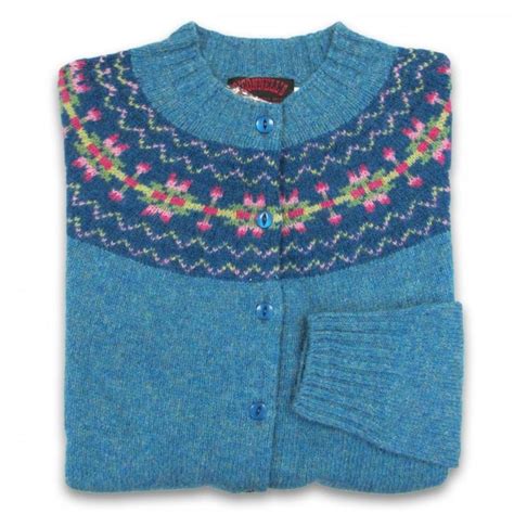 Women S Scottish Shetland Wool Fair Isle Cardigan Sweater Azure