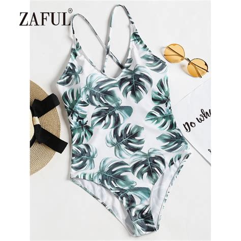 Zaful Swimwear Women High Leg Palm Leaf Swimsuit Sexy Spaghetti Straps Padded Swimwear Beach