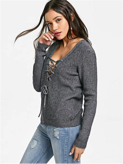 Pullover Lace Up V Neck Sweater Brick Red Deep Gray Vneck Sweater