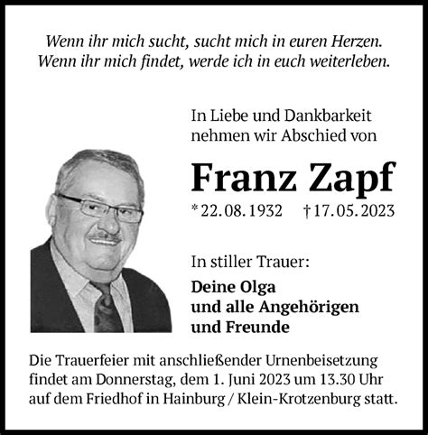 Traueranzeigen Von Franz Zapf Trauer Op Online De