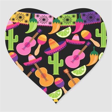 A Heart Shaped Sticker With An Image Of Various Mexican Instruments And Hats On It