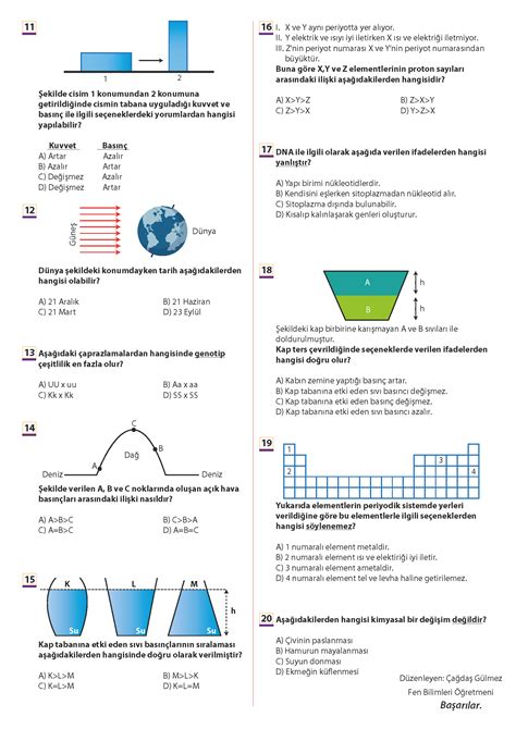 2019 2020 8 Sınıf Fen Bilimleri 1 Dönem 2 Yazılı Sınavı Çoktan