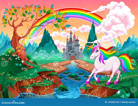 Unicornio En Un Paisaje De La Fantasía Con El Arco Iris Y El Castillo