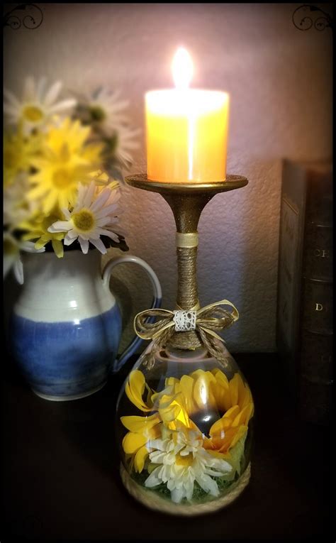 Candle Holder Happiness Wine Glass Sunflowers Etsy Wine Glass Candle Holder Wine Glass