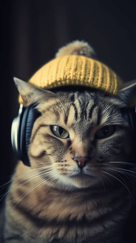 Cat Headphones Wearing Yellow Hat Relaxing Stock Illustration