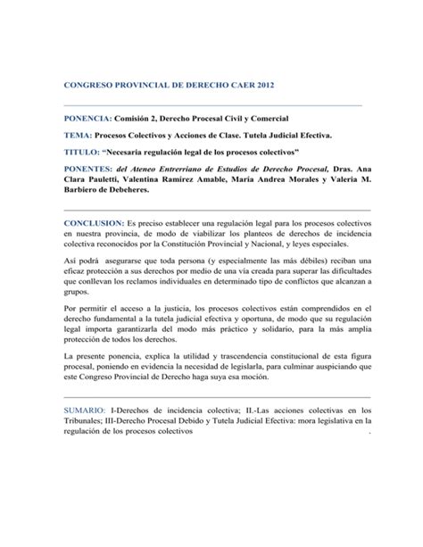 Necesaria Regulación Legal De Los Procesos Colectivos