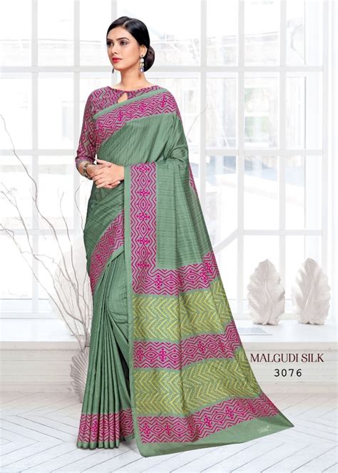 Green Unstiched Malgudi Silk Uniform Sarees With 6 3 M Blouse Piece At