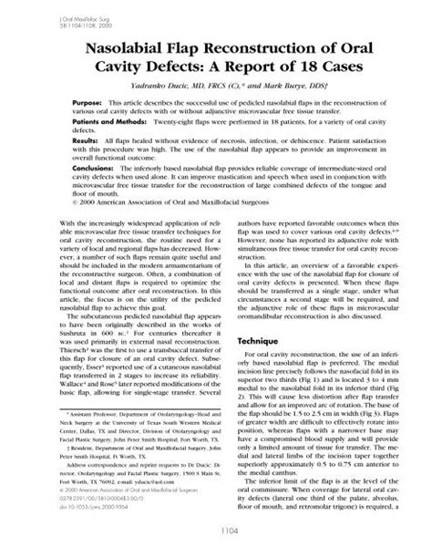 Nasolabial Flap Reconstruction of Oral Cavity Defects: A Report of ...