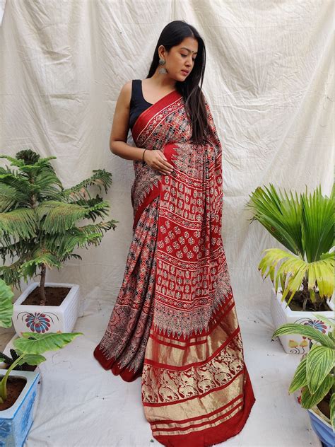 Red Ajrakh Print Silk Saree Modal Ajrakh Saree Etsy