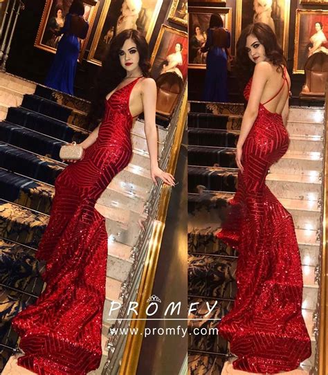 Amazing Red Striped Sequin Open Back Plunging V Neck Mermaid Formal