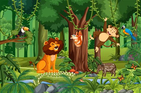 Wild animal cartoon character in the forest scene 2131486 Vector Art at ...