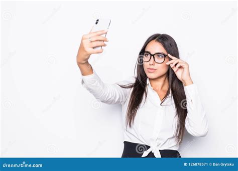 Happy Business Woman Taking Selfie Photo On Smartphone Isolated On