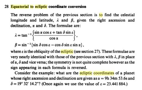 Problem in converting equatoral coordinates to ecliptic coordinates ...