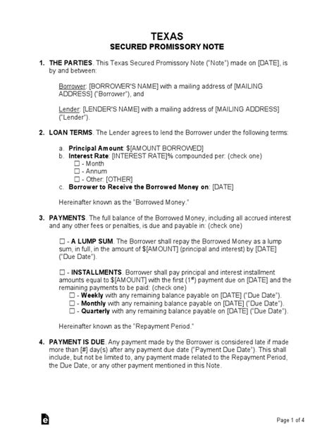 Texas Secured Promissory Note Template Pdf Interest Promissory Note