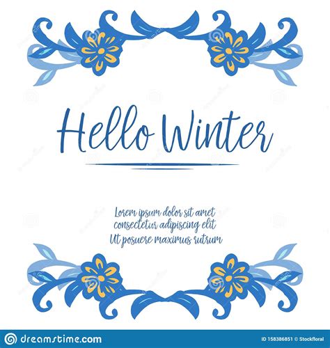 Greeting Card Of Hello Winter Handdrawn With Drawing Of Elegant Blue Leaf Flower Frame Vector