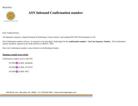 ASN Inbound Confirmation Number CSI Vendor Manual