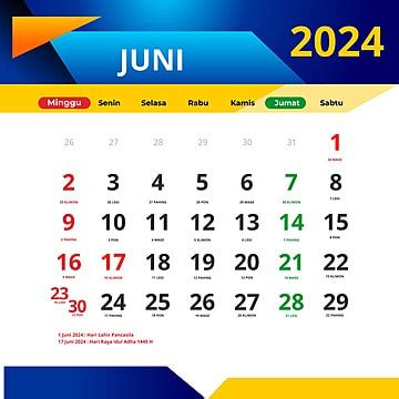 June 2024 Calendar Complete With Red Dates And National Holidays Vector