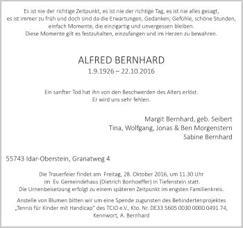 Traueranzeigen Von Alfred Bernhard Rz Trauer De