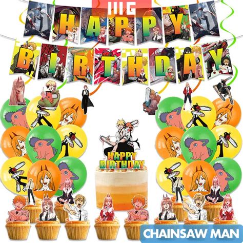 Chainsaw Man Birthday Party Decoration Set Banner Printed Balloons Cake