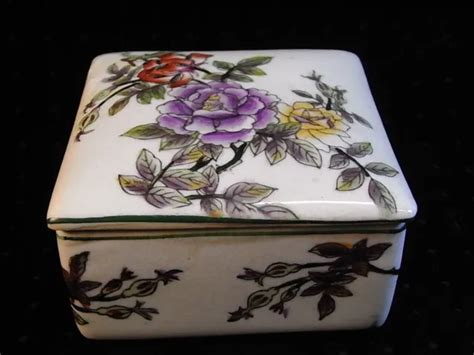 ANCIENNE BONBONNIÈRE COFFRET Boite Faïence Craquele Decor Fleur Box EUR