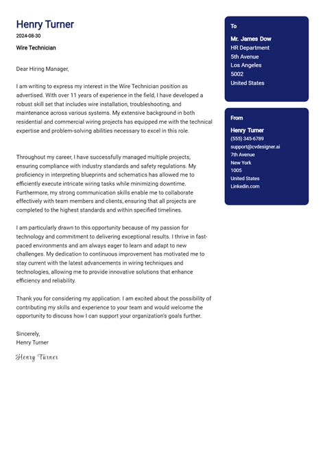 Wire Technician Cover Letter Example For 2024 Complete Writing Guide Cvdesigner Ai