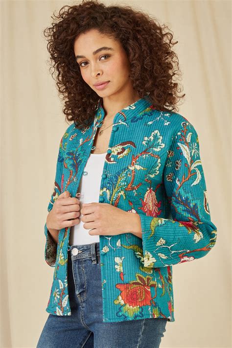 Yumi Teal Floral Print Reversible Cotton Quilted Jacket Yumi