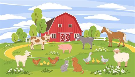 Farm animals with landscape horse, cow, donkey, pig, sheep, goat ...