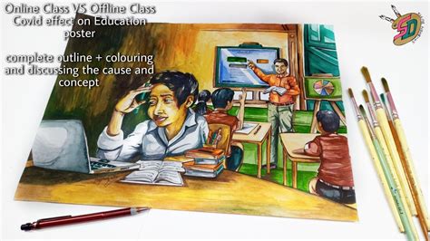 Online Class Vs Offline Class Drawing Poster Watercolour Step By Step