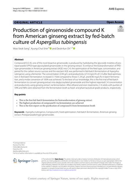 PDF Production Of Ginsenoside Compound K From American Ginseng