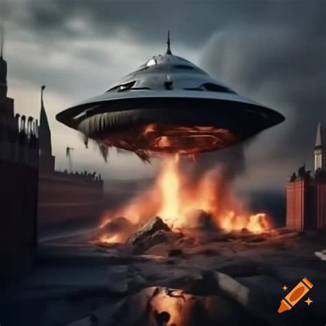 Hyper Realistic Photo Of Flying Saucer Shooting Fire At Moscow Kremlin