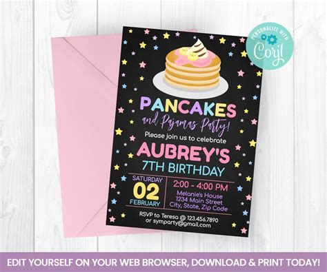 Editable Pancakes And Pajamas Invitation Chalkboard Faux Etsy