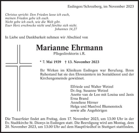 Traueranzeigen von Marianne Ehrmann Südwest Presse Trauer