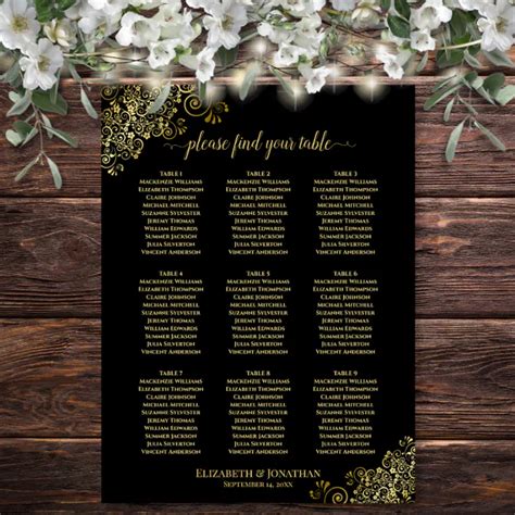 9 Table Wedding Seating Chart Black W Gold Frills Zazzle