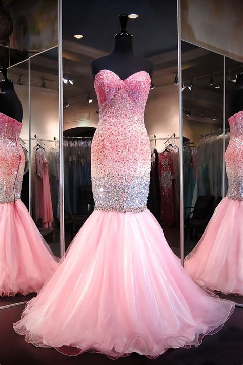 Mermaid Sweetheart Pink Tulle Ombre Beaded Prom Dress