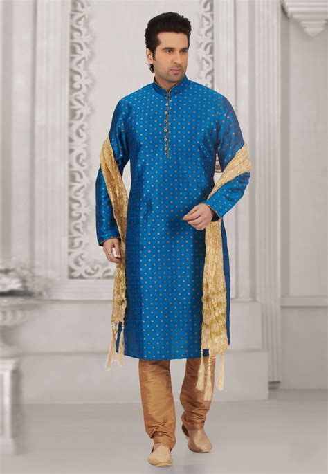 Blue Jacquard Readymade Kurta Pajama 154936