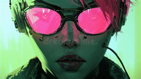 Close Up Of Cyberpunk Woman With Pink Hair And Reflective Glasses Stock