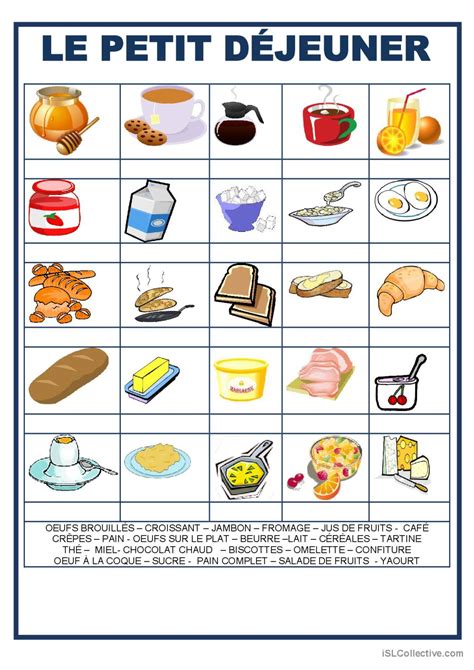 Nourriture Le petit déjeuner dicti Français FLE fiches pedagogiques